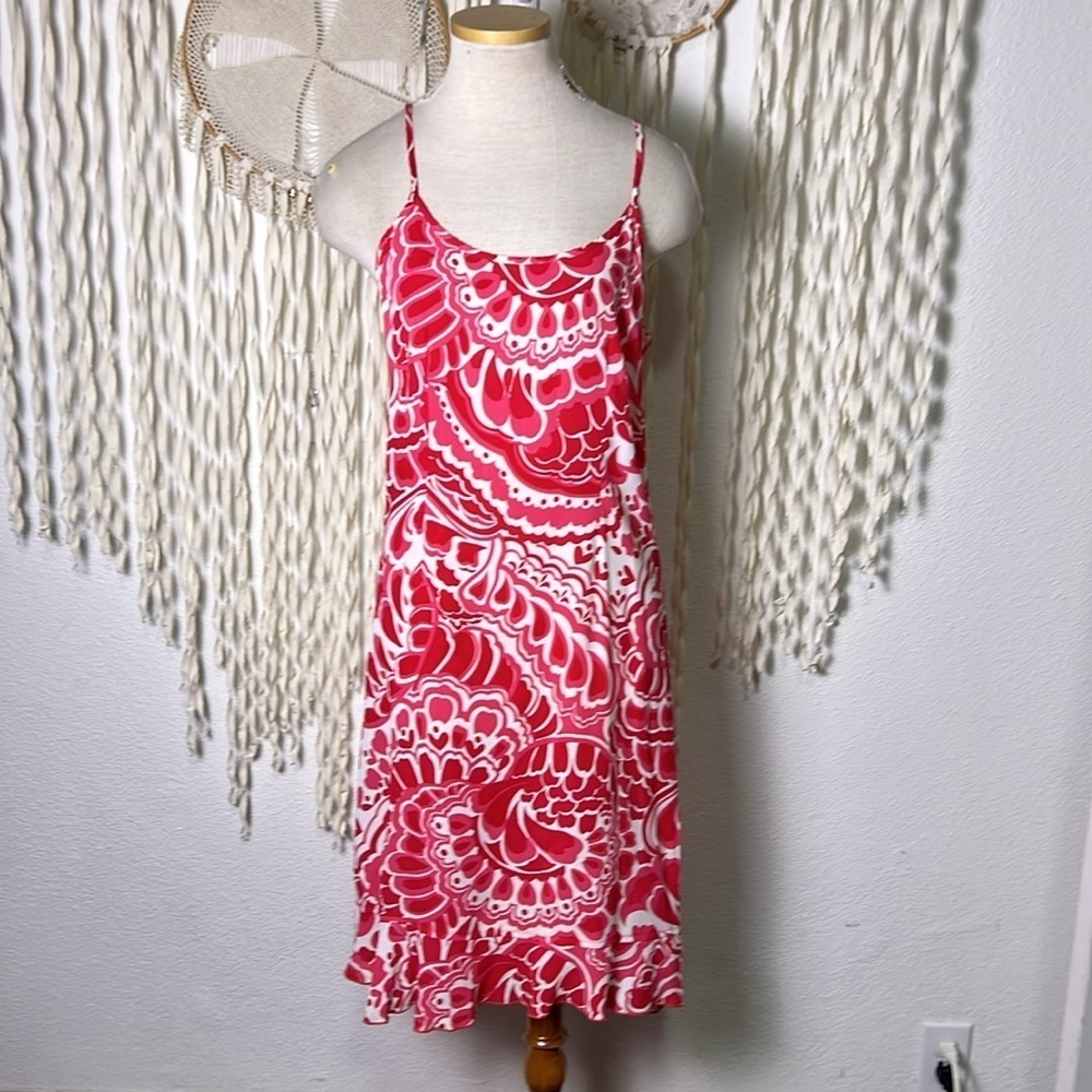 Loco Lindo Hot Pink Red White Floral Swirl Print Slip Dress Ruffle Trim Size M